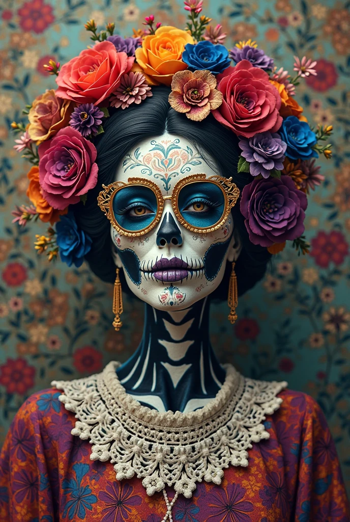 (dark shot:1.4), 80mm, a pretty cute woman with curly long hair with (colored makeup Dia de Muertos:1.3): posing in luxury castle, wreath of roses (on head:1.2), intricate detailed long (red dress:1.3) with black lace details, 4k, 8k, (intricate details:1.12), hdr, (intricate details, hyperdetailed:1.15), (natural skin texture, hyperrealism, soft light, sharp:1.2), soft light, sharp, exposure blend, medium shot, bokeh, (hdr:1.4), high contrast, (cinematic, teal and orange:0.85), (muted colors, dim colors, soothing tones:1.3), low saturation, (hyperdetailed:1.2), (noir:0.4)