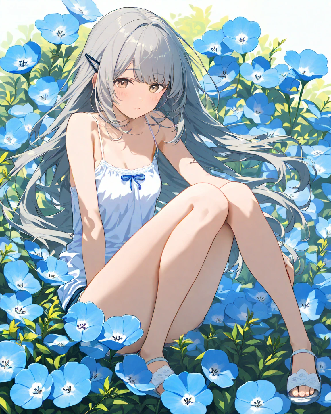 Young blonde with white hair, full breasts and giant butt, completely naked in a garden of blue roses.