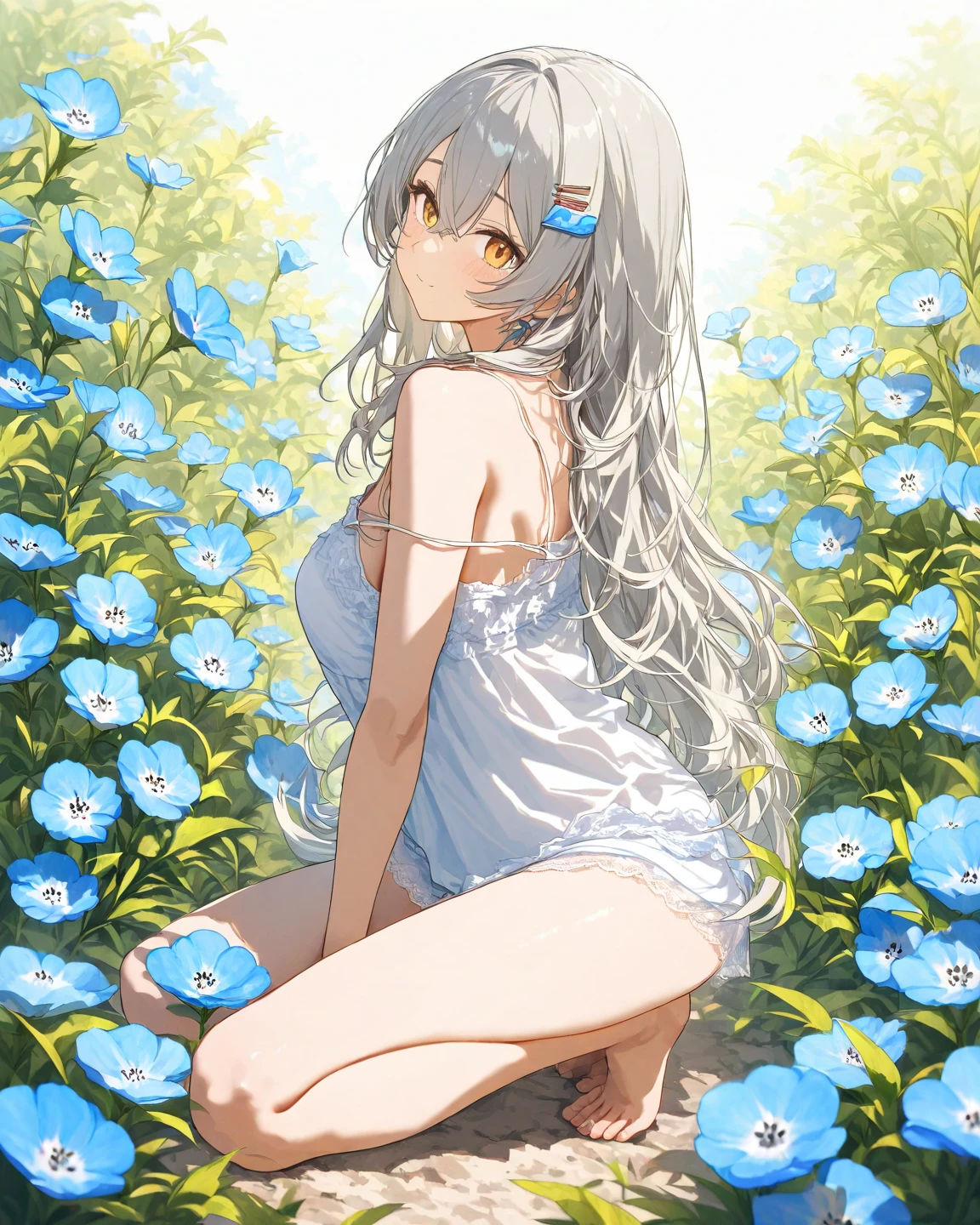 score_9, score_8_up, score_7_up, 1girl, kazami kazuki, silver hair, long hair, red eyes, white sundress, flower field, from behind, bent over, looking at viewer, <lora:Kazuki DORA6-000007:1>