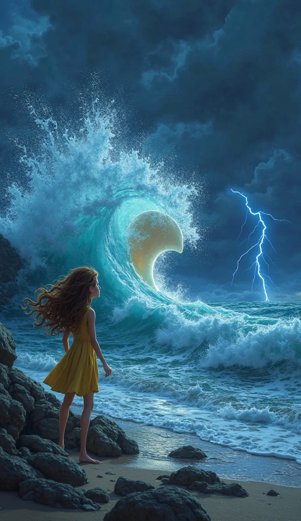 KIDS GIRL BLONDE CLOSE UP, in the middle of a storm, jesus walking on water, the sea and storms behind him, the god of the sea, epic biblical depiction, god of the ocean, bible illustration, j