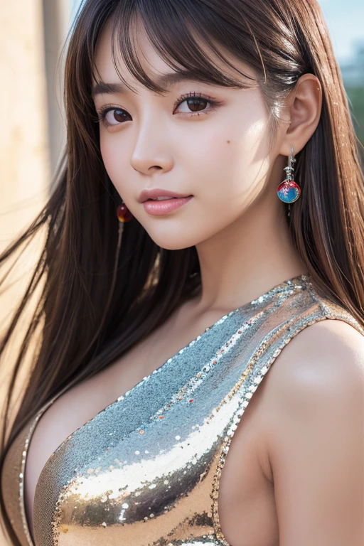 Chinese woman wearing China dress, Very detailed decorations, (((masterpiece))), ((highest quality)), ((Intricate and detailed)), ((Ultra-realistic)),, Absurd resolution, Mature Woman, Mature Woman, perspective, Very detailed, figure,, (Large Breasts), Perfect hands, Detailed fingers, Beautiful fine details, Updo, Brown eyes,(China dress:1.2), Earrings, Detailed Background, Perfect Eyes, Seductive eyes, Are standing,( Looking at the audience:1.6),(View from below:1.2)