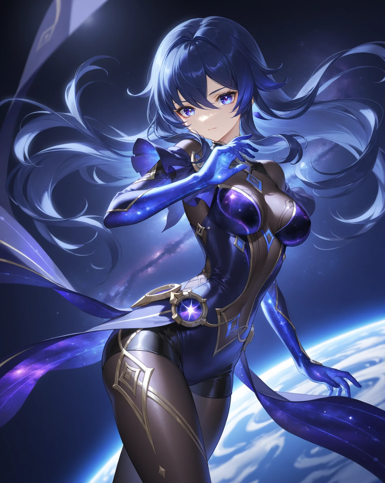 In the picture, a woman stands under an endless blue sky. Her body was wrapped in a sumptuous robe, the color of which was deep purple, which contrasted sharply with the sky. The woman's arm was raised slightly, as if controlling everything in the sky. And between her fingers, a mysterious cloud of energy emerged, like a fireball, full of infinite power and energy. The woman's face was expressionless, as if she was in a detached world. The picture is full of surreal elements, and the woman's body and the surrounding scene take on surreal forms and colors. The color of the sky is a deep and mysterious blue, like an endless ocean. The outline of the woman's body is very obvious, but behind her a vague and illusory world emerges, as if through the veil of time and space, see the true essence. The whole picture is full of a sense of mystery and detachment, which makes people involuntarily immerse themselves in this magical world. (8K, Masterpiece, Super Resolution)