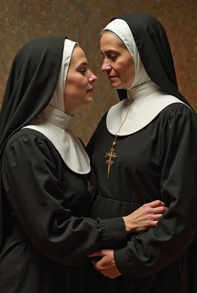 Two mature italian women、Black Hair、With bangs、blue eyes、smile、Nuns、Large saggy breasts、Sexy Body、Monastic uniform、At church