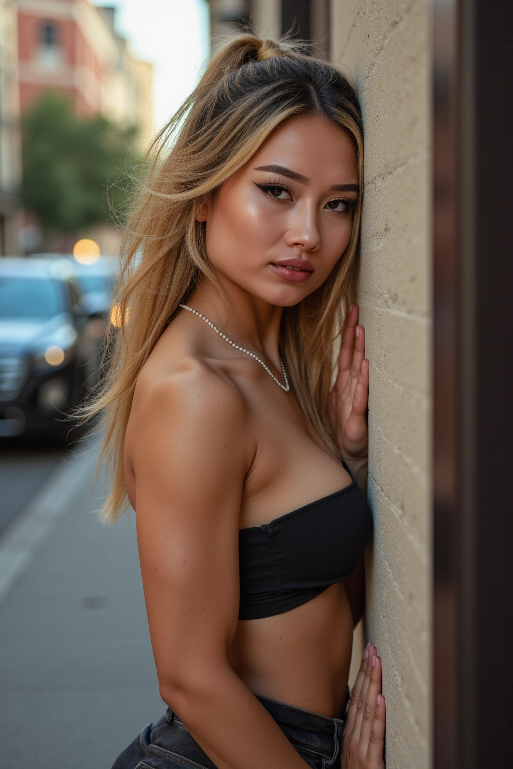 Young Thai woman, Fit physique, fitness physique, wearing sexy black lingerie sitting on the couch with legs open, corps sexy, (8k), (Best quality), (Masterpiece:1.3), (Realstic), (photoreallistic:1.34), Ultra-detailed, [beautiful detailed  eyes], (sourire), (sourire), (beautiful nose detailed), [very long blonde hair], (haut court), lingerie noire, (superbes seins taille normale), (gros plan), profondeur de champ, full body view, sitting on sofa, legs spread, showing crotch, pieds en l'air