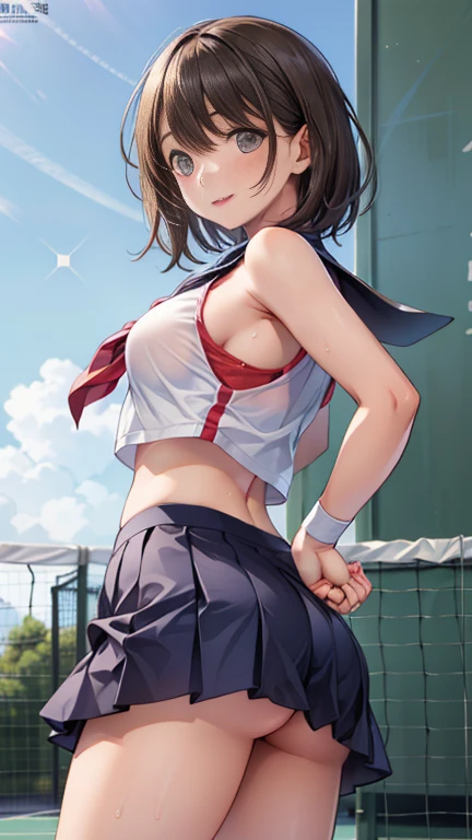1girl, 独奏, Pee your pants,White polo shirt, White sneakers, tennis wear, white mini-skirt, tmasterpiece, Best quality at best, realisticlying, ultra - detailed, (shiny skins, perspired:1.4), absurderes, looking at viewert, with short black hair, with brown eye,slenderness,Dynamic light and shadow,A high resolution,Sharp focus,depth of fields,The eyes are delicate,Sharp pupils,pupil realistic,(smallunderboob:1.6),(Thigh thick:1.0),exteriors,Skysky