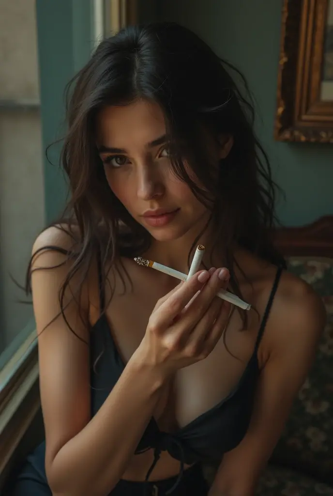 Beautiful girl with wavy long hair, naked, holding a joint and showing it to the viewer