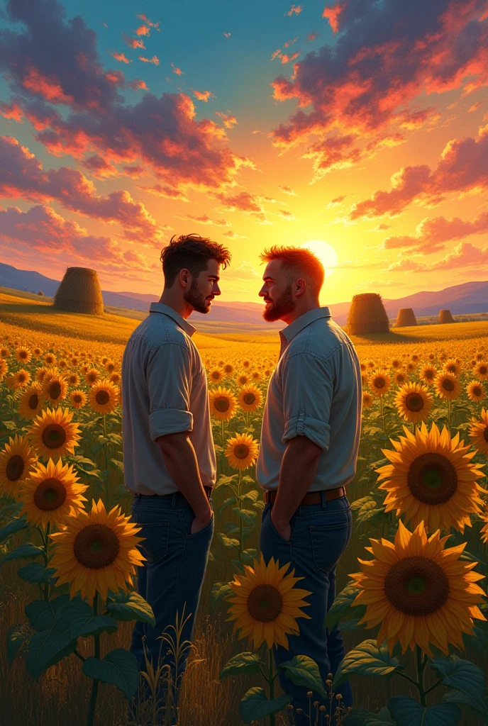 2 young gay men in love handsome beautiful white skin skinny soft skin cowboy with a sunflower in his hand in the sunflower field shirtless on top of a horse wanting to give a surprise by covering his eyes