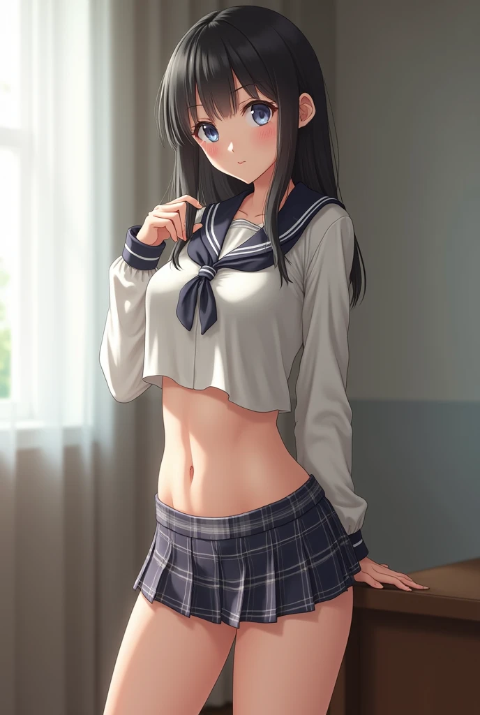 very cute and beautiful girl,(highly detailed beautiful face and eyes:1.2),sailor school uniform,navy blue pleated mini skirt, skirt lift,(white panties),dynamic angle,(smile),blush,looking at viewer,black hair, european antique living room,gorgeous furnitures, (best quality,masterpiece:1.2),absurdres,highres,ultra-detailed,extremely detailed,32k,8k resolution, intricate details,cinematic scene,detailed background,solo,dynamic angle, natural lighting,hair fluttering in the wind,