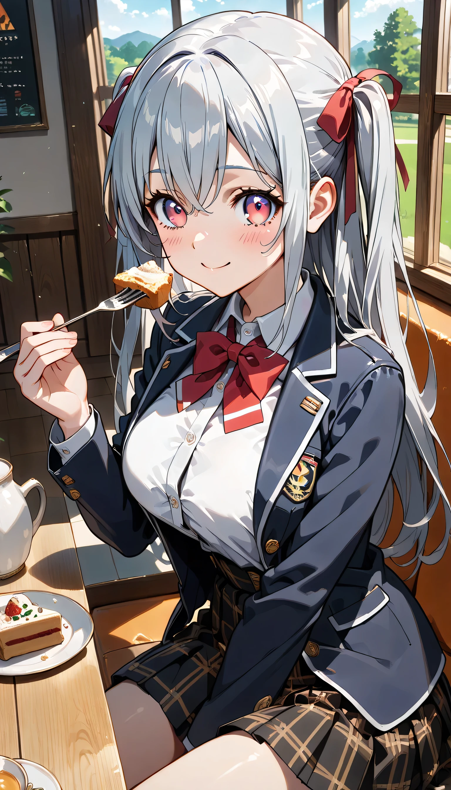 ((ultra-detailed)), (highly detailed CG illustration), (best quality:1.2), ultra-highly detailed, colorful composition, artistic photoshoot, 1girl, solo focus, ((thigh to top:1.4)), ((cowboy shot:1.4)), moe anime character, super popular super idol, age girl, dainty facial structure, (baby face), (round face), ((rounded chin:1.2)), ((ideal ratio body proportions)), celia-default, celia claire, blue eyes, sparkle eyes, ((closed eyes)), ((silver hair color)), ((two side up)), ample breast, school uniform, navy blue blazer, modern style with fitted jacket, red neck bow, long sleeves white frilled shirt, navy blue pleated skirt, and black high socks, ((delicious:1.4)), ((smile:1.4)), ((happy:1.4)), ((joyful:1.4)), puffy cheeks as eating, ((sit on the cafe terrace:1.4)), ((eating Mille Crêpes:1.4)), ((holds a fork in right hand)), from side, best quality, masterpiece, expecting, pink cheek, blush, light pink gloss slip, portrait, depth of field, poured sunlight, sidelighting, (shine), lighting, caustics, ray tracing, perfect face, lustrous skin, highly detailed face, highly detailed eyes, perfect face, perfect nose, perfect hair, perfect eyes, perfect anatomy, beautiful hair, beautiful small face, extremely detailed face, beautiful detailed eyes, beautiful clavicle, beautiful body, beautiful huge breasts, leavage, breasts squeezed together, equalize the size of the left and right breasts, beautiful thin thighs, beautiful legs, beautiful fingers, 4 fingers, 1 thumb, lovely, (very detailed background:1.0), (highly detailed background:1.0), intricate details, joyful atmosphere, colorful and sparkling colors palette, chromatic aberration