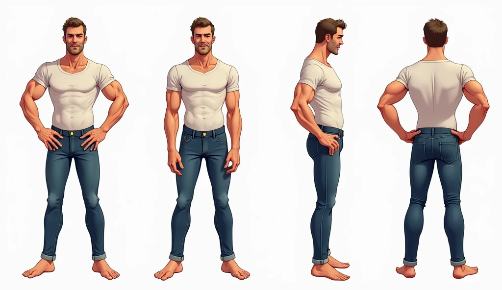 1boy, single, reference sheet, character design, front angle, side angle, left side angle, right side angle, dynamic poses, (masterpiece:1.2), (best quality:1.3), (reference sheet:1.5), adult anime male, huge man, very tall man, masculine body, muscle body, muscle tall male, athletic body, muscle builder, muscle, bulky body, giant, Bara, 6ft. male, (Blue eyes), (short hair), (short bangs), (black hair), (pale skin), (pale skin color), beard, naked, naked men, nude, nsfw, handsome, wide chest, string underwear, speedo, huge hips, wide hips, daddy, barefoot, not wearing pants, rugged, 40 years old, pubic hair