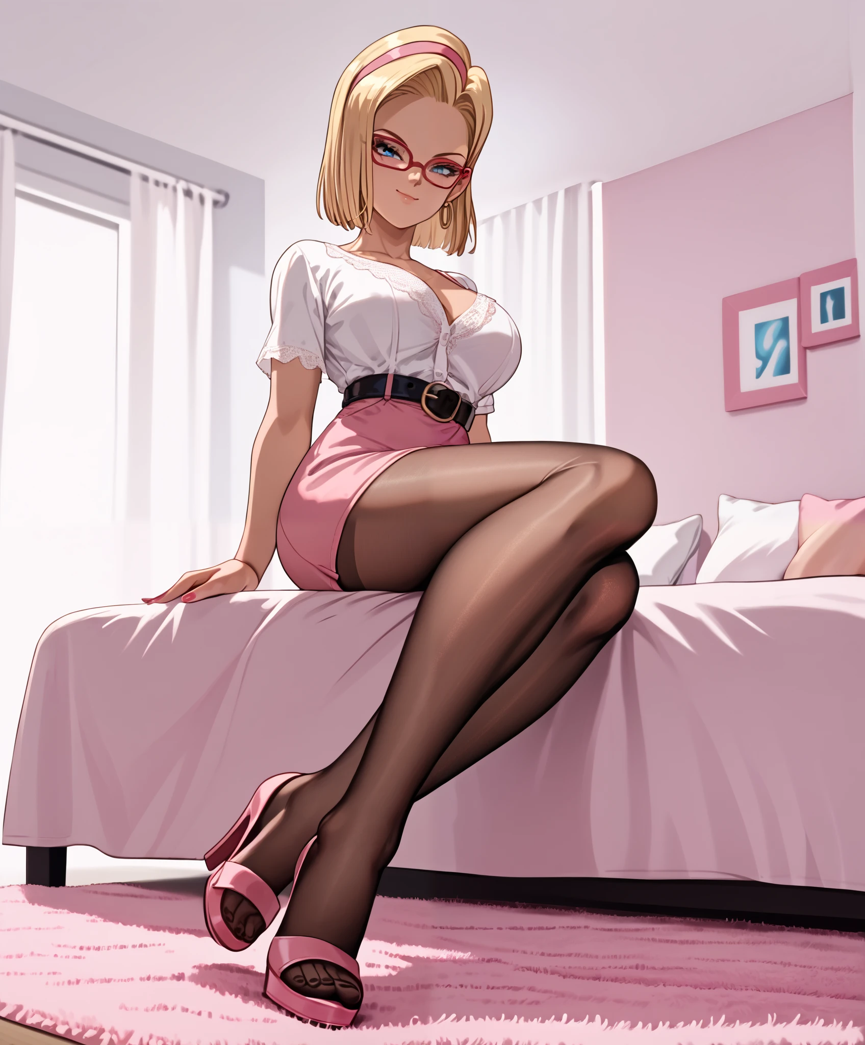 best quality, highres, 1girl, android 18, solo, blonde hair, blue eyes, short hair, earrings, large breasts, from below, seductive smile, sexually dominant woman, cross legs, tan brown pantyhose, sitting, sexy black lingerie, pink bed room, pink carpet, light pink walls, satin pink bed, pink sandal high heels, pink skirt, red glasses, pink romantic lightning, pink headband, black belt, no back to the shoe, 