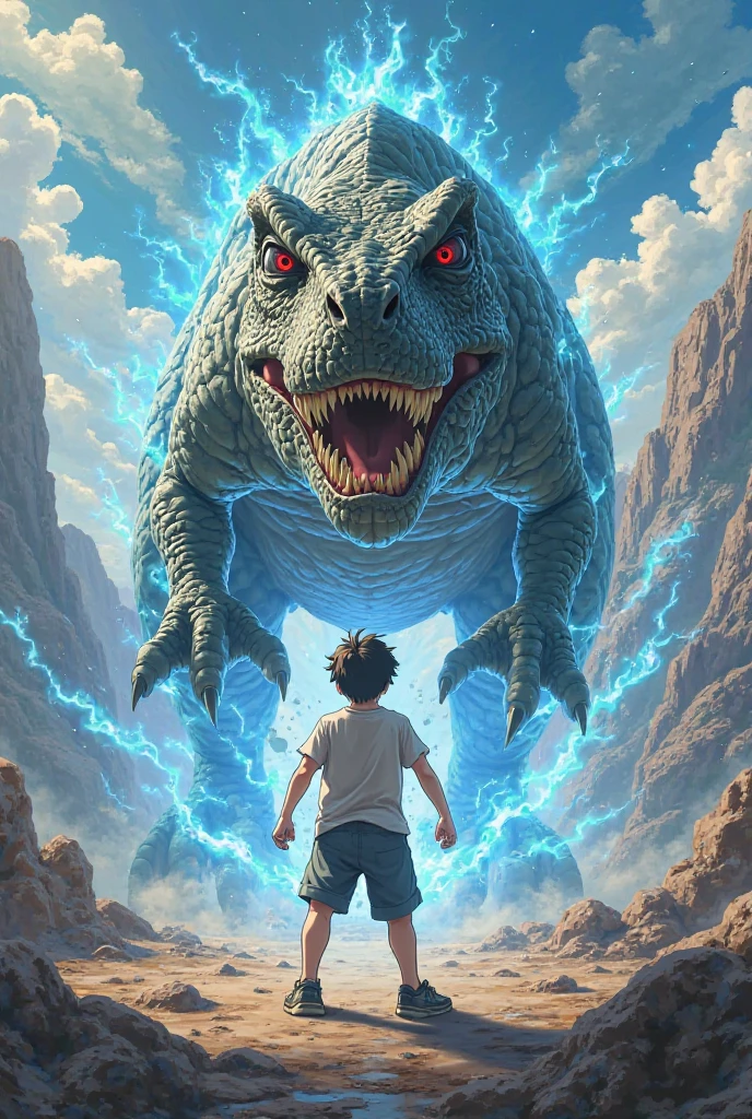 Style description: thick lines, minimalist style, characters are very small and cute, Q version comics; Content description: Side view screen, only two characters, one is a blue silhouette boy, the other is a Godzilla monster, two people are fighting, the little boy kneels on one foot and crosses his hands in a state that shoots thick line light waves, light waves hit Godzilla; Details added: The little boy has a happy expression, his mouth is slightly open, and Godzilla's head has a lot of sweat beads on his expression and his expression is very shy; Special emphasis: the characters are very small and small, and the ratio of pictures and characters is: 10:1