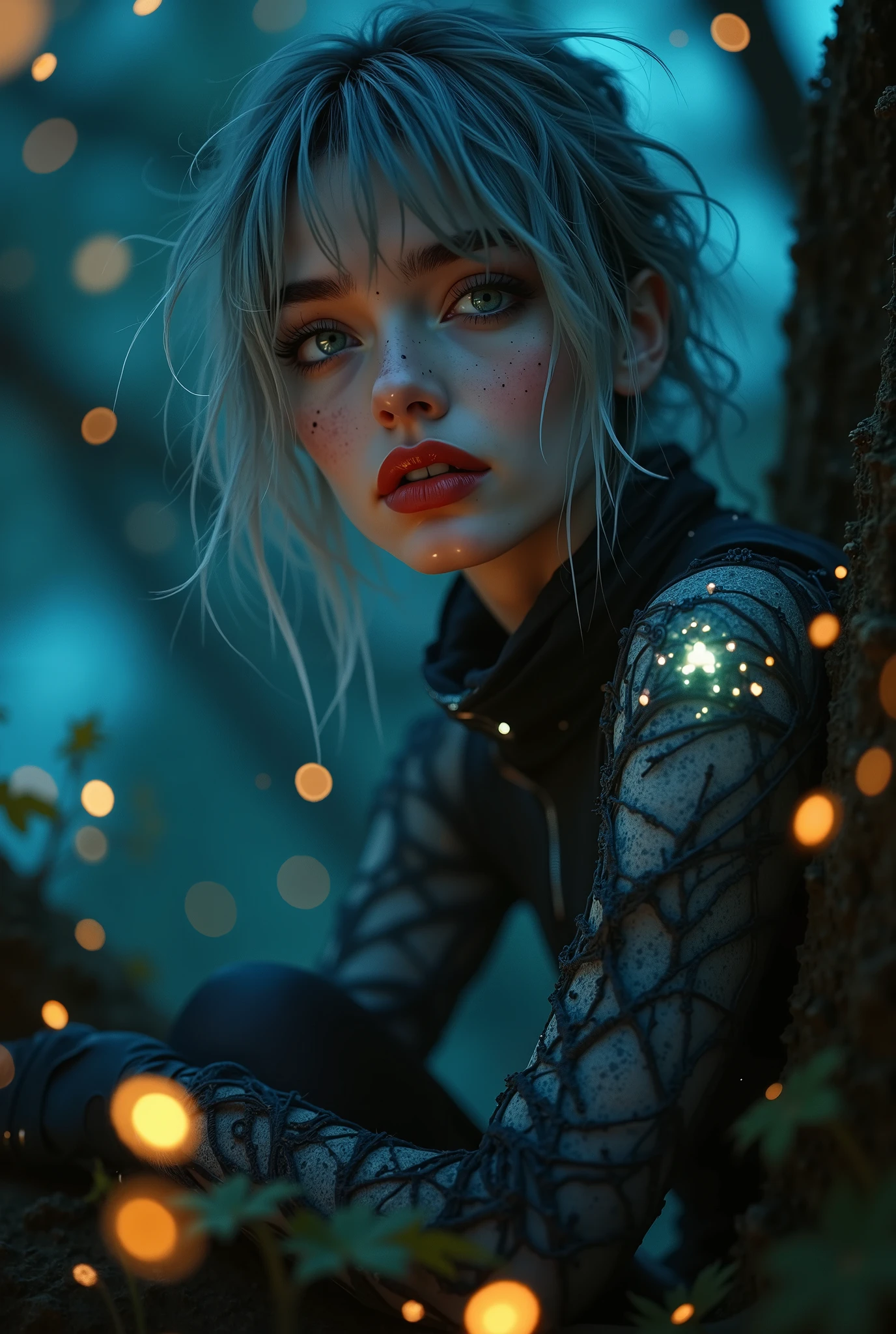 ((RAW Photo), Absurds, (Absurd Resolution)), (masterpiece, best quality), ((hyperrealism, photorealistic)), (the most beautiful girl, beautiful, indifferent), freckled, (green eyes), (gray hair, disheveled), (red lips), sexy pose, (A.I. uniform, LIGHT FABRIC, Science Fiction), (sitting on a tree branch), her outfit lights up the surroundings, night, fireflies, intricate and luminous details, ((she looks down attentively at the viewer, with defiance)). (from below, Photographic Perspective)). «SunPuma S»