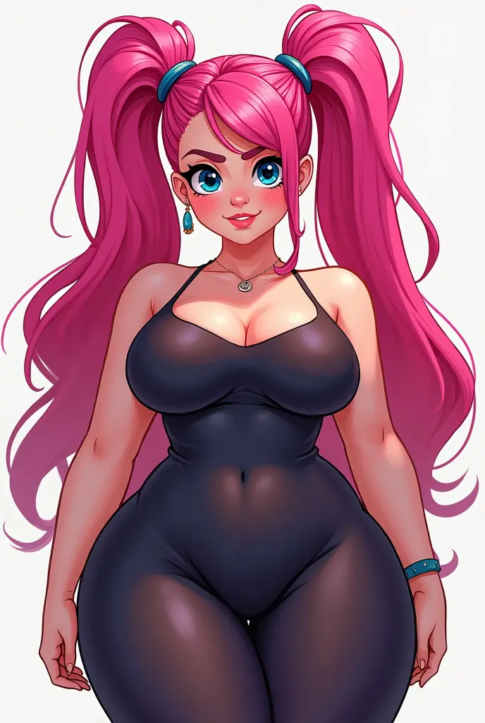 A woman with big breasts, long pink pigtails, and blue eyes in the total drama art style
