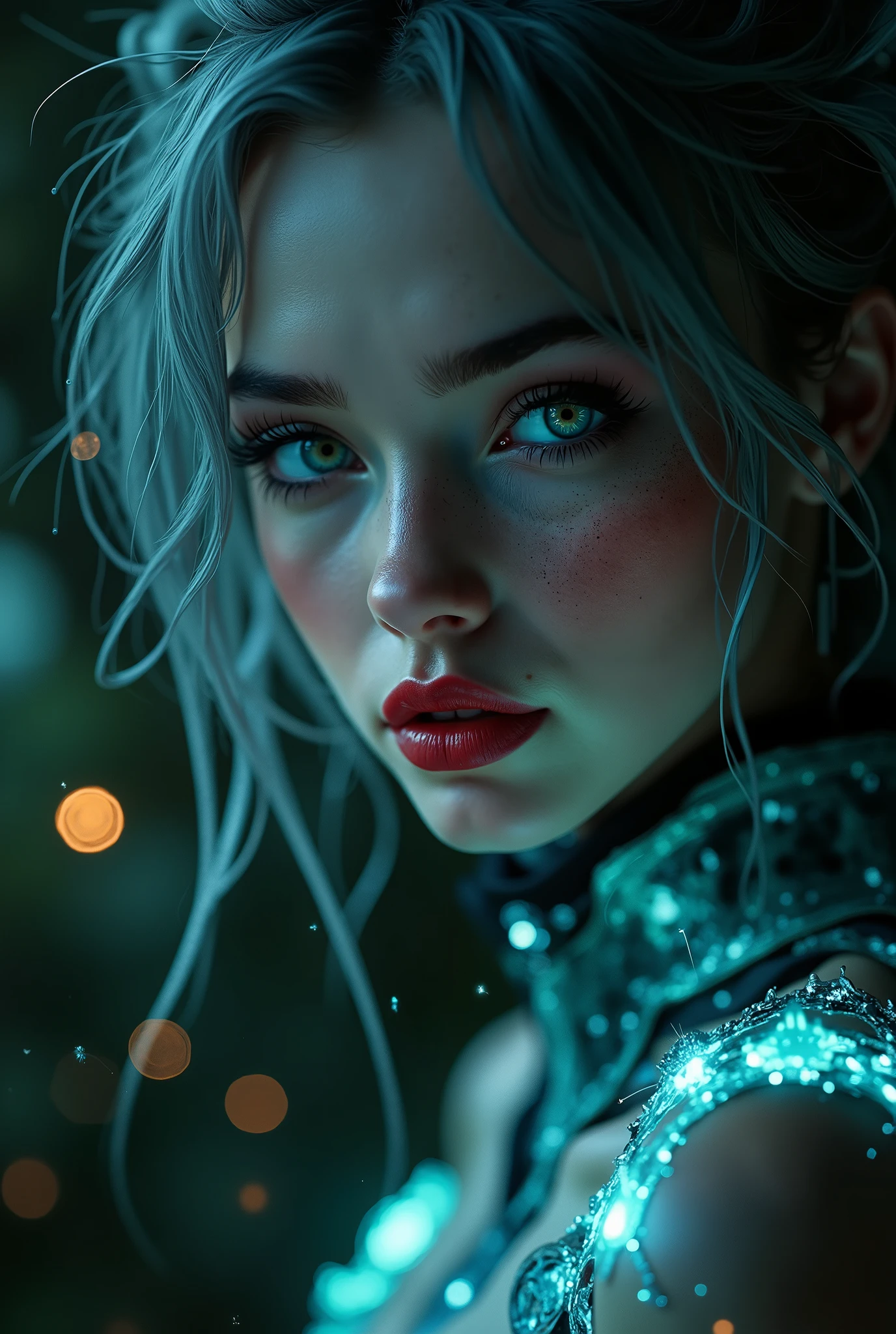 ((RAW Photo), Absurds, (Absurd Resolution)), (masterpiece, best quality), ((hyperrealism, photorealistic)), (the most beautiful girl, beautiful, indifferent), freckled, (green eyes), (gray hair, disheveled), (red lips), sexy pose, (A.I. uniform, LIGHT FABRIC, Science Fiction), (sitting on a tree branch), her outfit lights up the surroundings, night, fireflies, intricate and luminous details, ((she looks down attentively at the viewer, with defiance)). (from below, Photographic Perspective)). «SunPuma S»