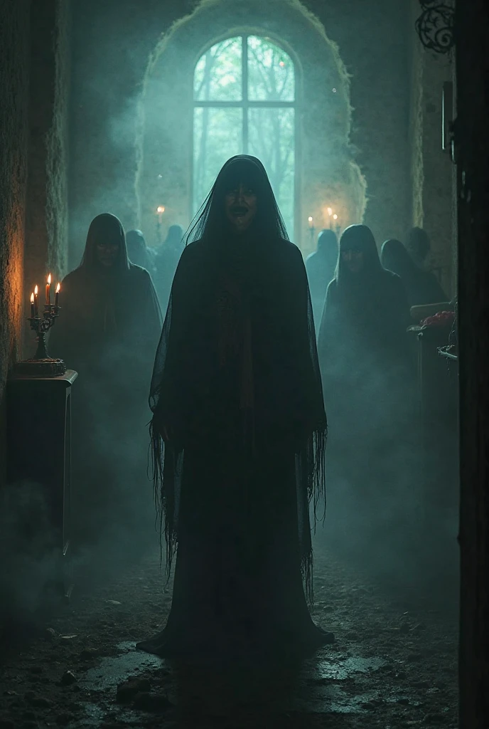 A dark, shadowy tent flickers with eerie candlelight, casting unsettling shadows on a trembling young girl, her wide eyes filled with terror. Gost a death om wall , A wispy, ominous figure looms nearby, whispering a haunting prophecy, as swirling fog wraps around them, enhancing the chilling atmosphere.