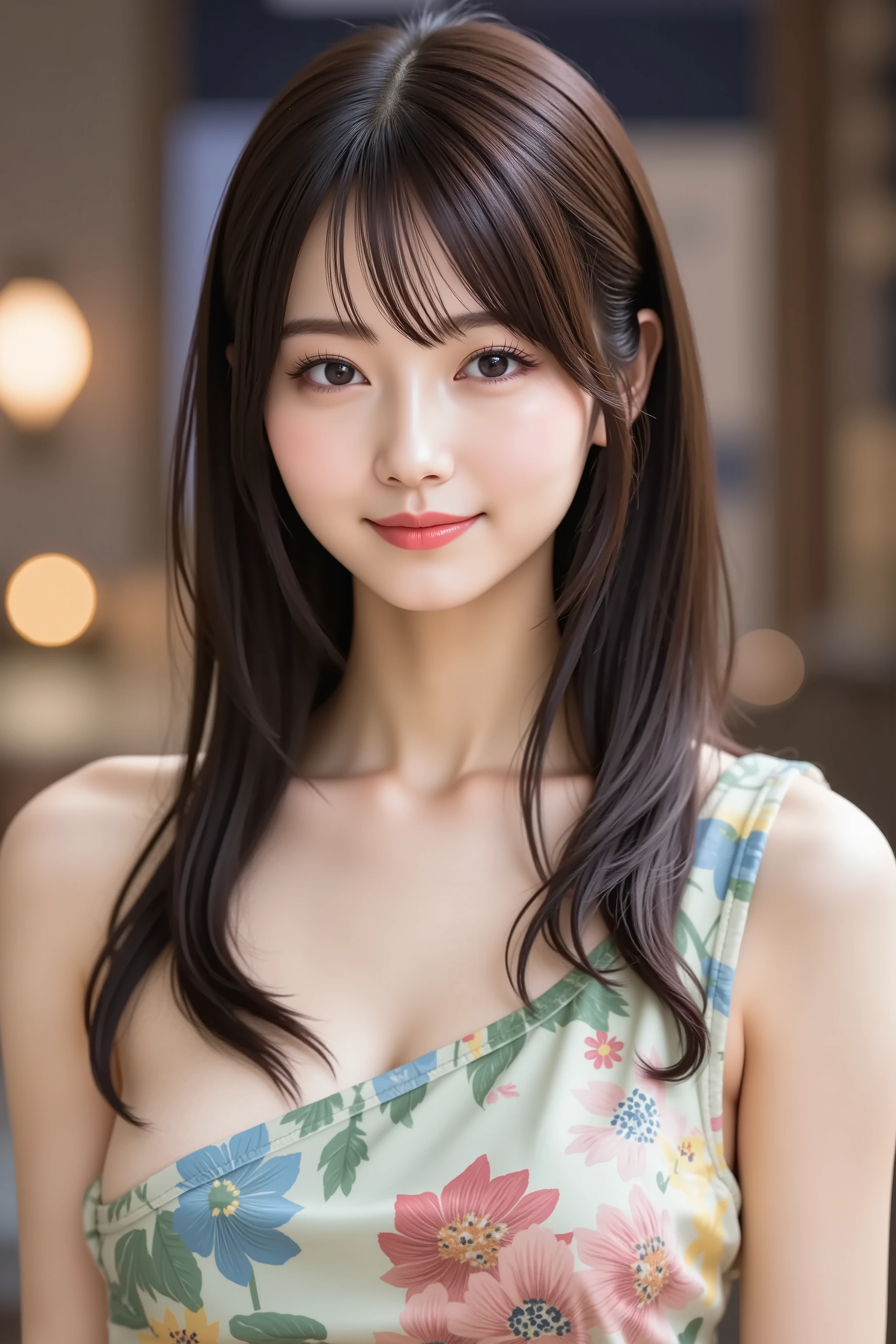 with the face positioned accurately in the center of the image, Upper chest,  fine, clean skin、head is fully reflected with tight tension, face is clearly visible as a full body shot, one-shoulder colorful dress,  night background、long black hair around my chest, Bangs, smile, young and cute Japanese face, Official Art, high image quality CG Unity 8k wallpaper, Ultra high image quality, very detailed, high image quality, Filmgrain, Lens Flare Glow, top quality, 8k, as a portrait shoot, 8k, viewer,  masterpiece, top quality, very detailed,  it's cute, sexy, very detailedな, Detailed Features , beautiful, illustration of a woman having a penis, beautiful Japanese woman,  Women&#39;s 1, Tight chest