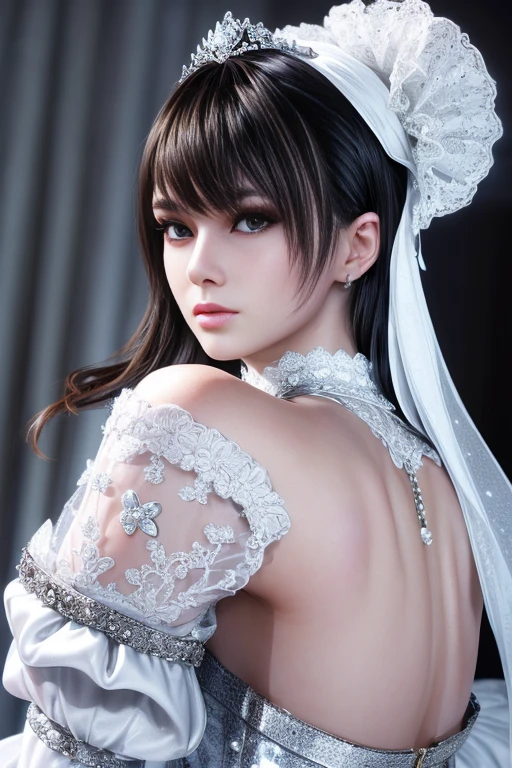 masterpiece, highest quality, Super detailed, Facing the camera, Super detailed, Realistic, Sharp features, Very detailed, Sharp focus, Perfect Face, Perfect Face, Perfect symmetrical perfect eyes, Perfect Plump Lips, Flexible female form, Cinematic, Film Light, Super detailed, hyper Realistic, masterpiece, Atmospheric, High resolution, Vibrant, Dynamic Studio Lighting, ((Dark Background)), The expression when enduring pleasure, Straight bangs, blue eyes,Cowboy Shot,Sexually aroused expression、A white off-the-shoulder wedding dress with a wide open back and a little bit of her buttocks showing、Her black thong shorts are visible through the fabric、tiara、Buckshot、Small breasts