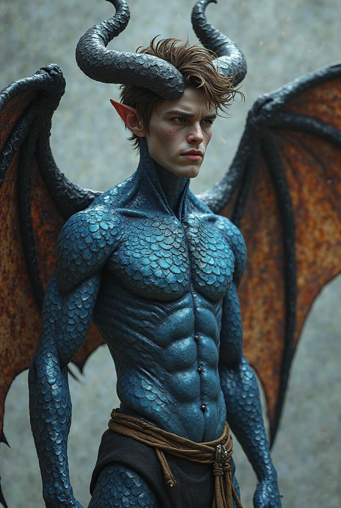 Man, blue eyes, black hair, fae, dragon wings, without beard