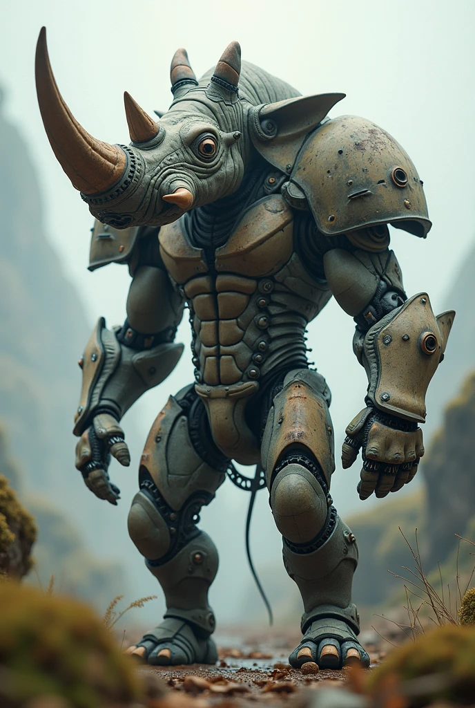 Rhinoceros inspired character with orange iron plates on his shoulder brown bars hands with stone fingers with four metal drills on his forehead black and white eyes a rhinoceros tail with a big stone ball orange legs decorated with pale brown with light grayish on his leg is a dangerous fighter side