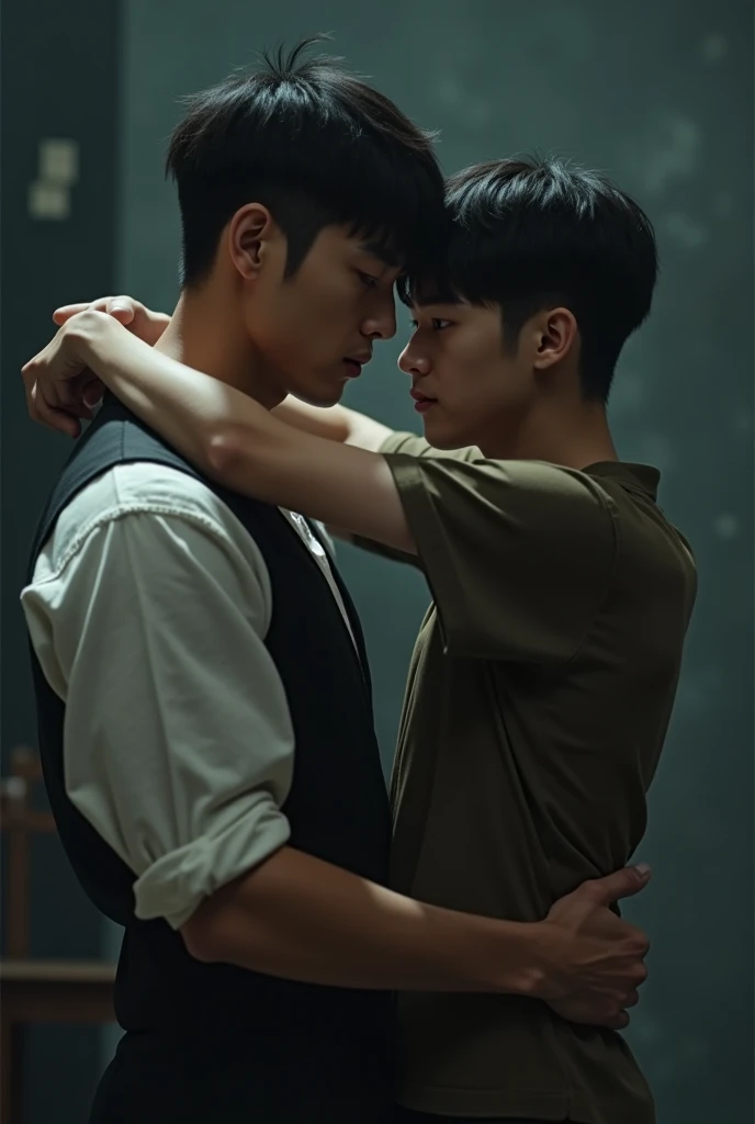 1 guy,High-definition full naked ass body of a handsome teenage Korean boy, 19 years old, wearing a light brown transparent underwear standing with his sideways to the audience, revealing his naked silhouette under the moonlight a group of laughs people in crisp white shirts, black shorts blurred in the background turned to face looking this boy.,resembling a dreamy, ethereal Tim Walker photoshoot.