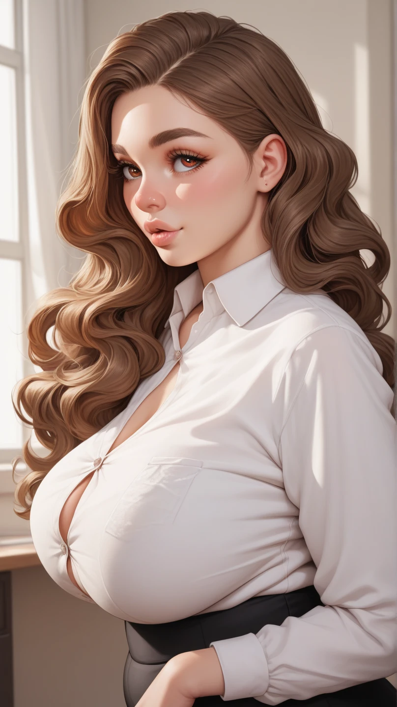 Lucy Pinder, portrait, face portrait, wavy hair, ponytail, bun, hoop earrings, necklace, long sleeve t-shirt, white t-shirt, cleavage, jeans, smiling, red lips, voluptuous