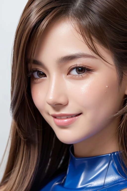 one person、female newscaster、young、beautiful、Female announcer、Shaped face contour、Long Hair、Brown Hair、Fine iris、Elegant、Sexy face、Glowing Skin、Juicy lips、An open, seductive smile、Thick eyelasheodel Body Type、Earrings、black stockings、blush、suit、Tight mini skirt、Perfect lighting、Perfect Shadow、Perfect Anatomy(((masterpiece))), ((highest quality)), ((Super detailed)), (CG illustration), (Very wicked and beautiful)), (Cute Desktop Face)