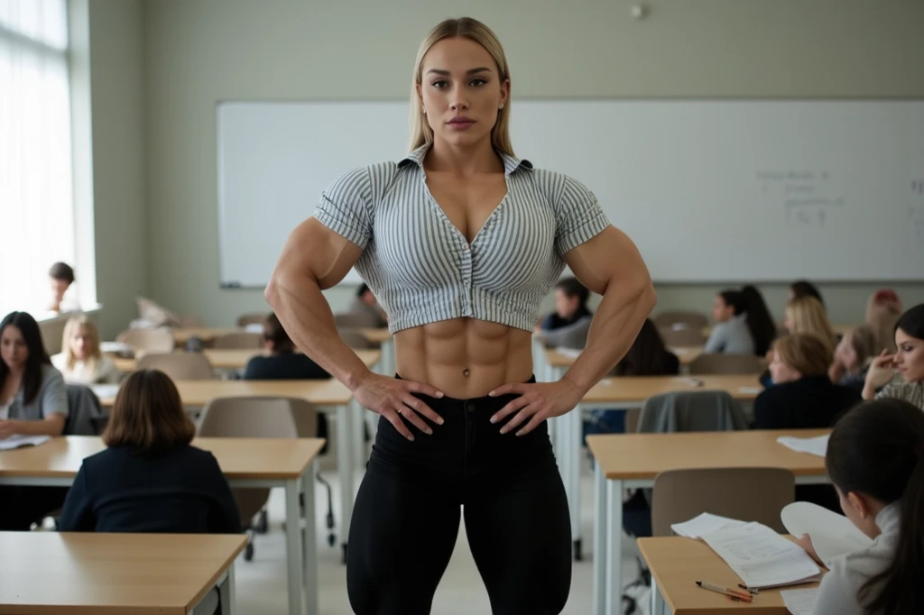((From a straight above, birds-eye perspective)), dainty, lithe, Cute, gorgeous, Caucasian girl, fit, (muscular:1.0), 18, , (flexing biceps:1.3), abs, slender, slim, long flowing brown hair, blue eyes, stunning, flawless, perfect, beautiful, cute, pretty, coy smile, masterpiece, 8k, highly detailed, tight plaid skirt, tied up white button up top, seductive smile, abs, with her standing up slightly bent, high heel knee high boots, big glasses, (toned and defined muscles), high ponytail, wavy hair, leaning forward, indoor, classroom detention,