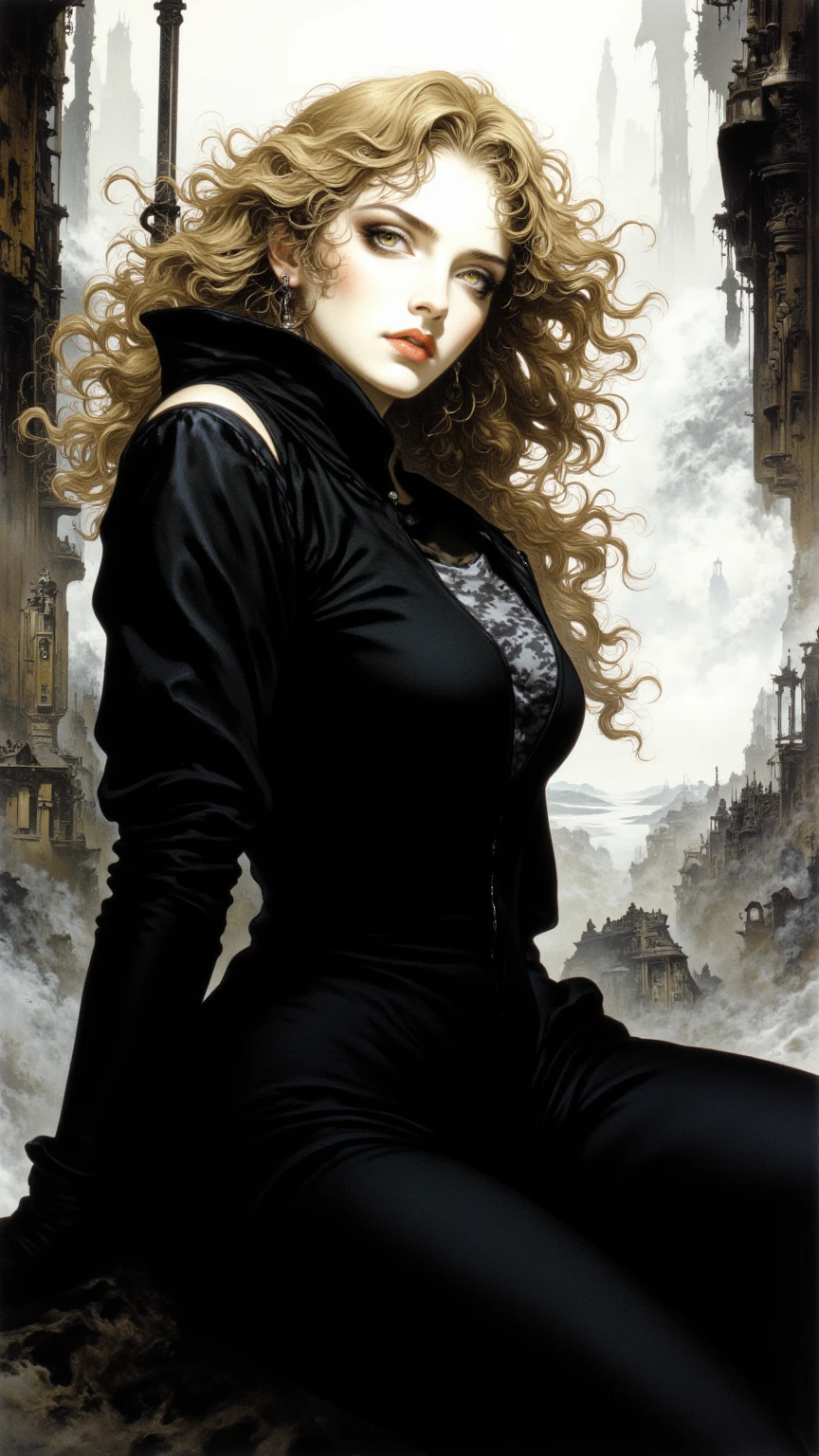 not Jeffrey Catherine Jones style,not Megan Hess style,1 girl,Fine sketches,vivid,temperamental,landscapes,fancy,tenebrosa,Royal Air Force Girls,