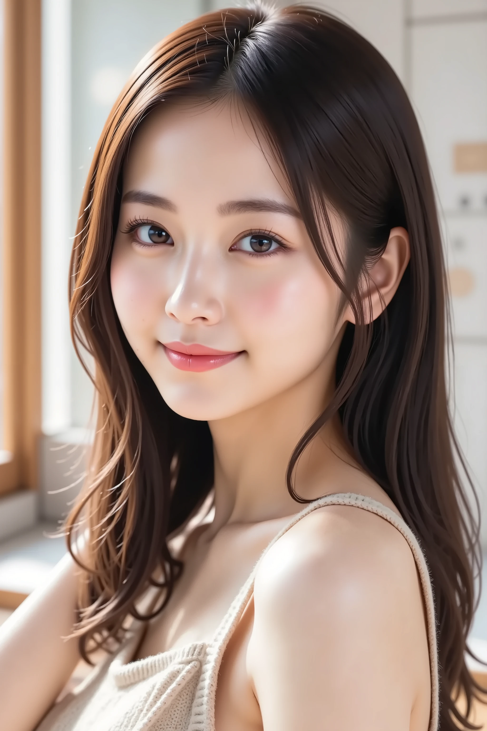 The face is positioned exactly in the center of the image , black hair , Tight Chest 、, the entire head is fully reflected , Face clearly visible、wearing an apron, kitchen background, long hair per person、bungs, smile, young and cute Japanese face , Official Art, high image quality CG Unity 8k wallpaper,Ultra high image quality , very well detailed, high image quality , Filmgrain , Lens Flare Glow , Highest quality ,8k, as portrait shots ,8k, viewer , masterpiece,Highest quality ,very well detailed, it's cute ,sexy,very well detailedな,detailware features ,beautiful, illustration , beautiful Japanese woman, ladies 1