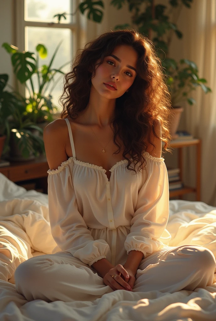 (photorealism:1.2), beautiful woman, sitting on bed, wearing loose off-shoulder top, pajama pants, long curly hair, indoors, soft lighting, plants in background, window with sunlight, cozy room, relaxed pose, realistic, intricate details, warm colors, by Greg Rutkowski, by Alphonse Mucha