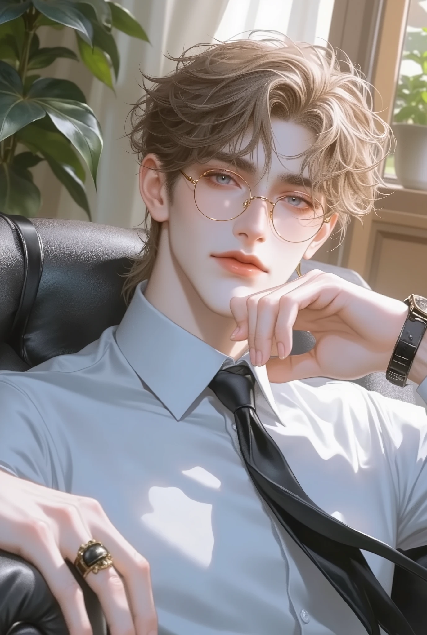 (1 man:1.2),fair and smooth skin,blue eyes、gold glasses、Black watch、, clean short brown hair、simple light blue shirt、Pair it with a dark tie、The sun shines through the window onto the soft sofa、 ultra hd illustration