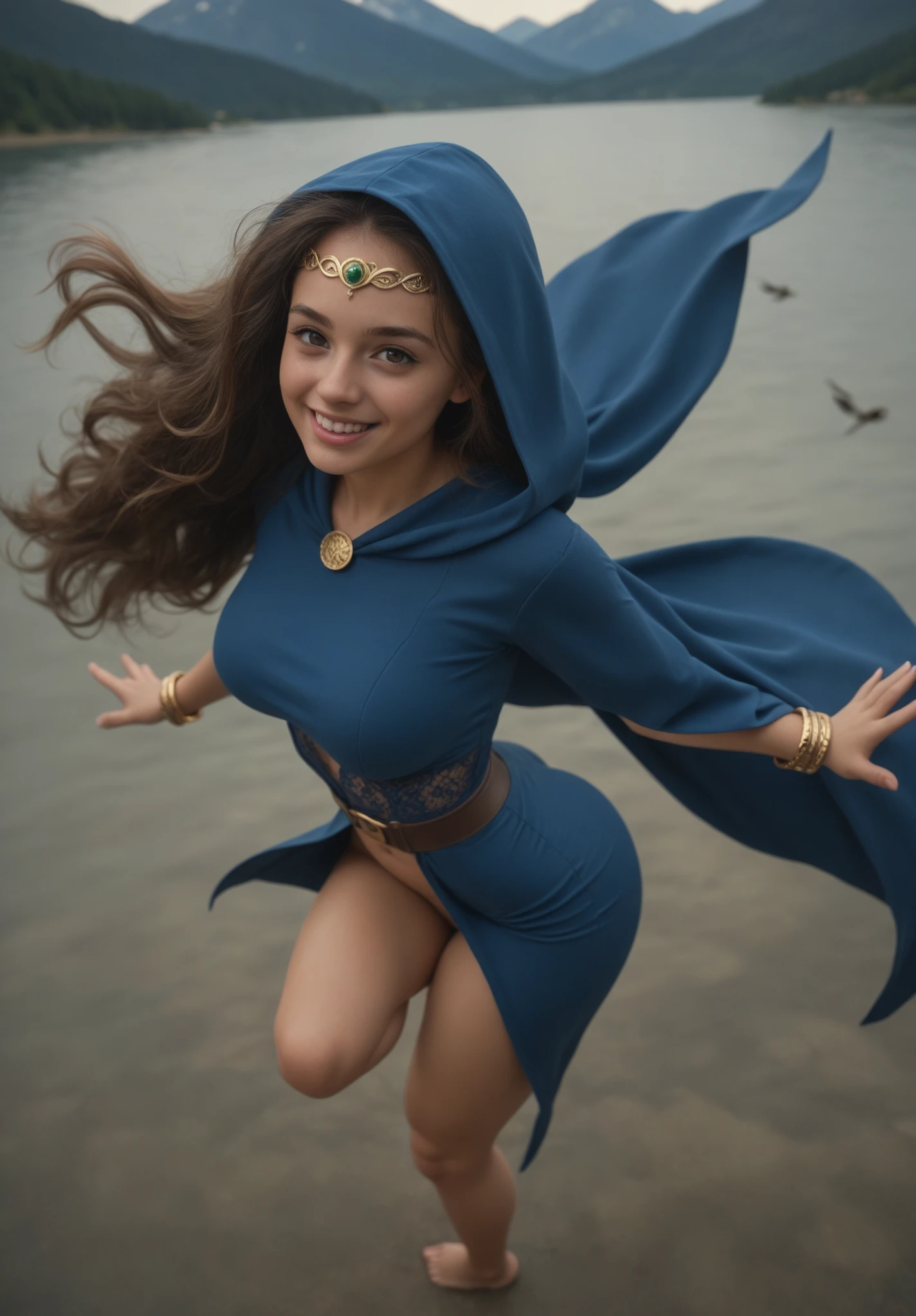 (obra maestra, mejor calidad:1.2), tiro de vaquero, solo, 1 chica, Marianne von Edmund, sonrisa, mirando al espectador, vestido azul, capelet, ropa mojada, mojado, mojado, by damp, piel mojada, translucent, brillando con aceite, Totalmente vestida