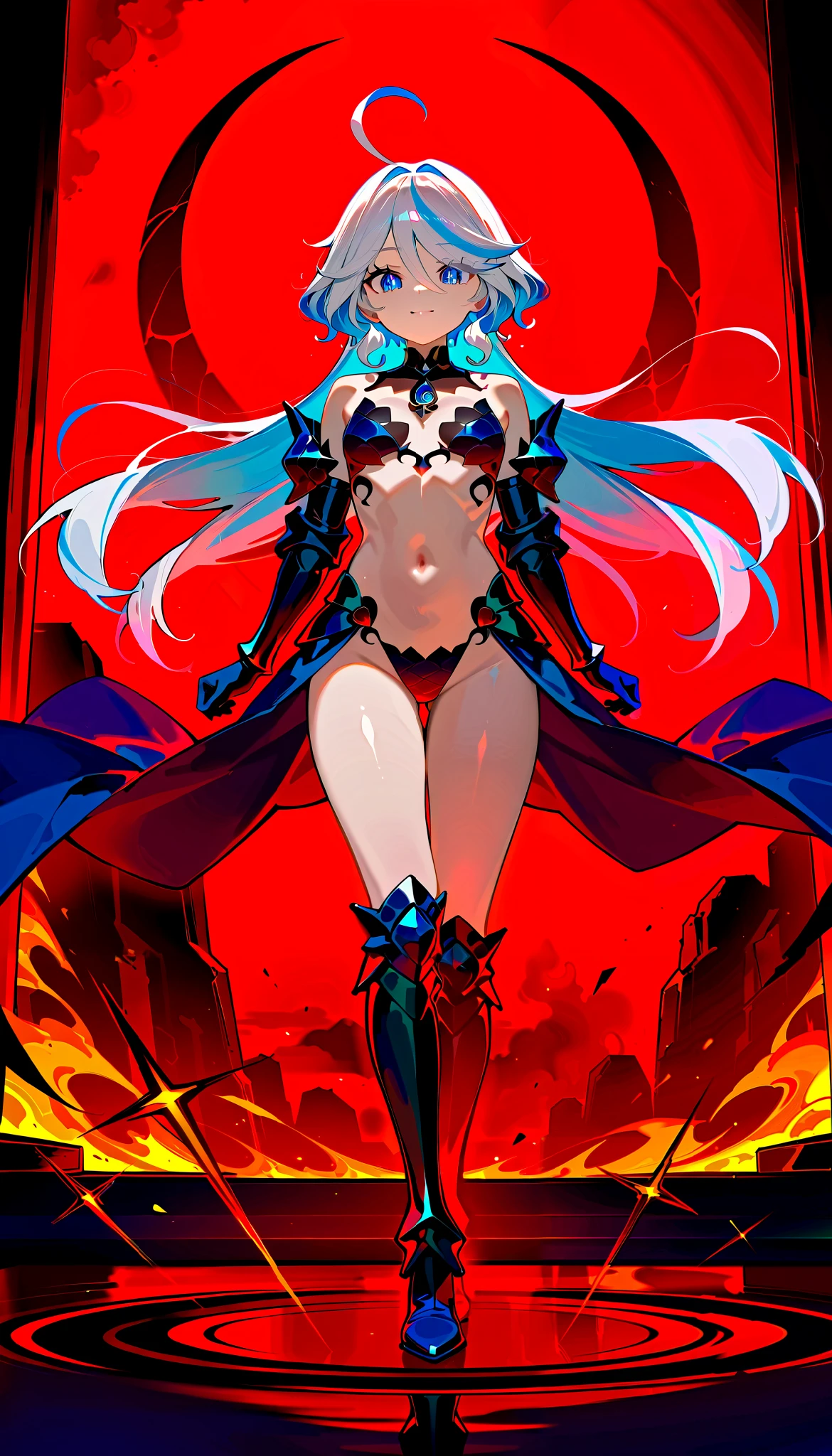 "A beautiful and innocent warrior, inspired by Furina. She has long white hair, shiny, flying in the wind, sparkling eyes exude confidence and strength. She stands on the porch between the dark and smoky ancient battlefield, red light from the flames reflected onto the shiny black dragon scale armor. Armor made of high-tech metal, hugs her petite yet charming body, accentuate soft curves and plumpness. Shoulder-length armor design, revealing blue bones and slender shoulders, add femininity. Her hands behind her back, chest protrudes forward, Proud and indomitable divine. Complex lighting and subtle shadows create so the strong contrast, accentuates the mysterious and captivating warrior atmosphere amidst the dark scenery, Alone."