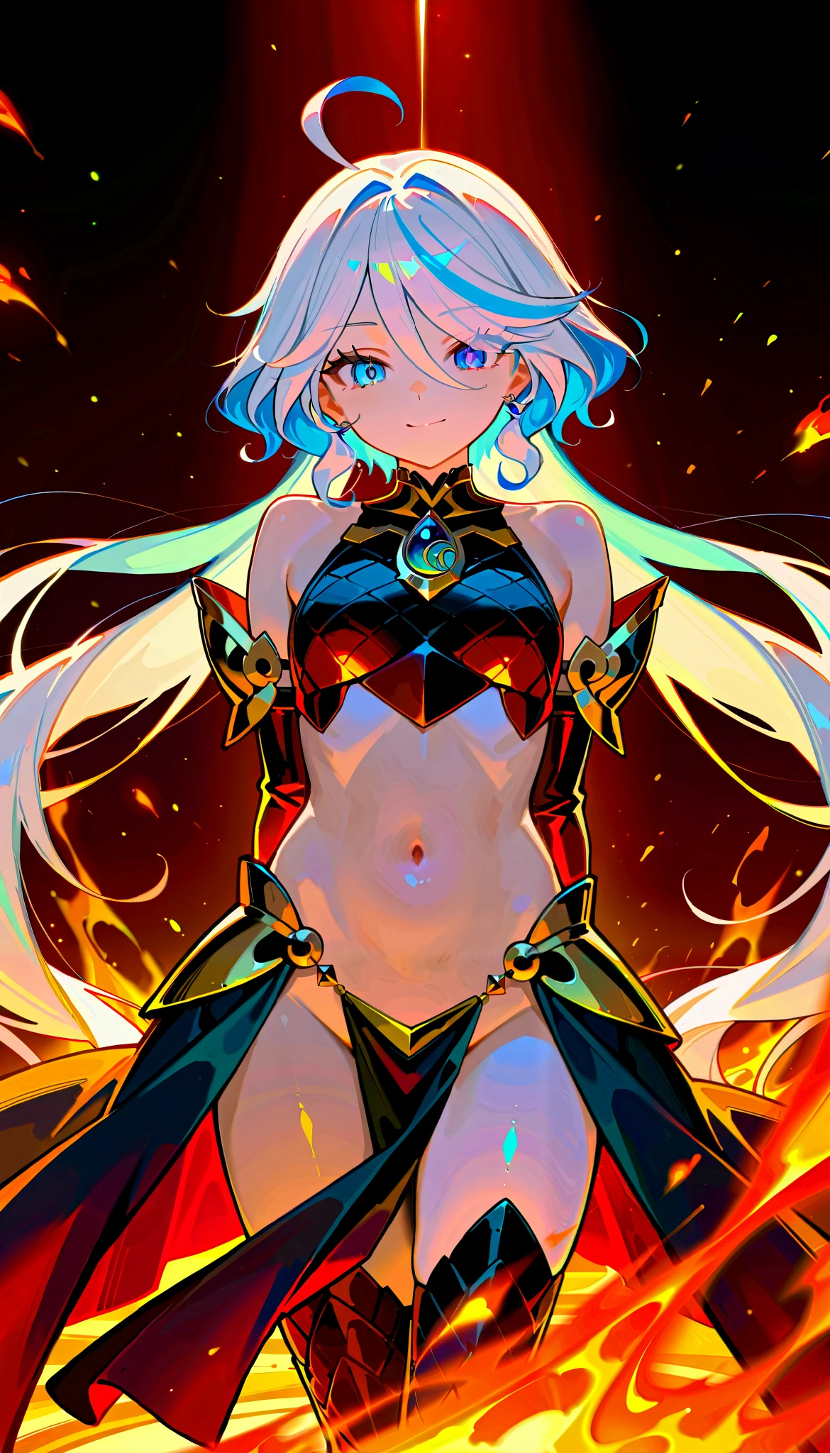 "A beautiful and innocent  warrior, inspired by Furina. She has long white hair, shiny, flying in the wind, sparkling eyes exude confidence and strength. She stands on the porch between the dark and smoky ancient battlefield, red light from the flames reflected onto the shiny black dragon scale armor. Armor made of high-tech metal, hugs her petite yet charming body, accentuate soft curves and plumpness. Shoulder-length armor design, revealing blue bones and slender shoulders, add femininity. Her hands behind her back, chest protrudes forward, Proud and indomitable divine. Complex lighting and subtle shadows create so the strong contrast, accentuates the mysterious and captivating warrior atmosphere amidst the dark scenery, Alone."