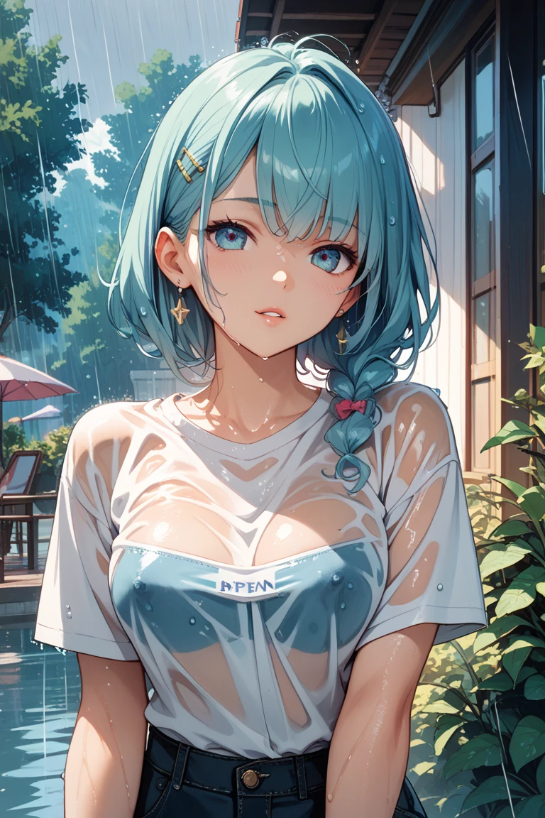 1 girl, bright blue hair, orange sweater, outdoor, long hair, breasts, smile, detailed face, beautiful detailed eyes, beautiful detailed lips, extremely detailed eyes and face, long eyelashes, (best quality, 4k, 8k, highres, masterpiece:1.2), ultra-detailed, (realistic, photorealistic, photo-realistic:1.37), portraiture, vibrant colors, natural lighting, warm tones, large breast, sensual Perfect body.
