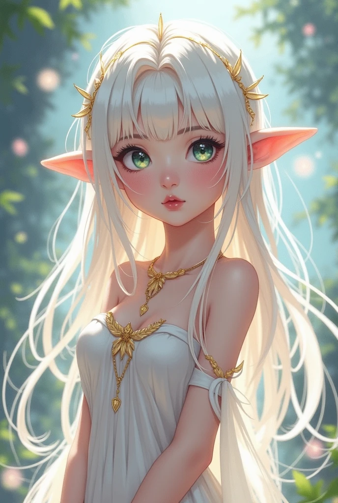Anime girl with dark skin, green eyes, white hair and elf ears wearing a white wedding dress