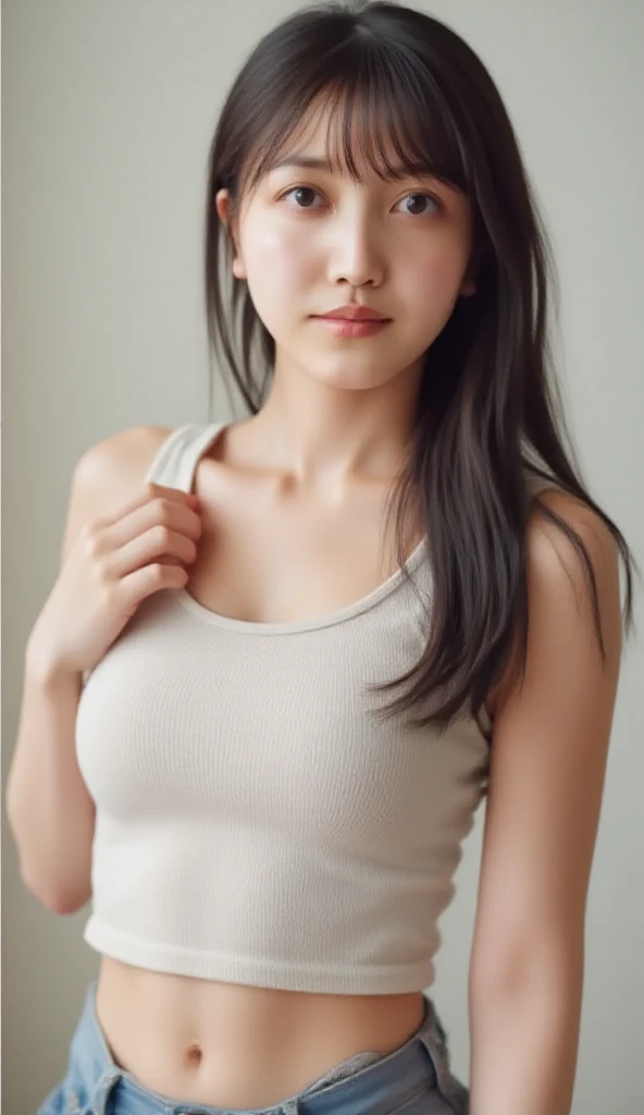 (Gorgeous Babe), (Russian-Malaysian-Chinese), (22 year old), ((Wear Slimfit White Tees)), fat:0.1, (ultra detailed eye), (focus eye look), ultra detailed face, (ultra-detailed skin texture), ((White skin)), (detail finger-nails), 4k full body shot, ultra-perfect-anatomy
