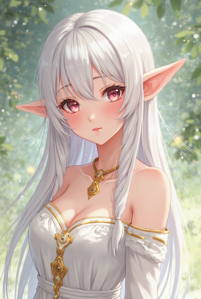 In the heart of a serene forest, a mature elf girl poses for a 4:3 portrait, her perfect face an intricately detailed masterpiece of beauty and age. Her long, flowing white hair cascades behind her, adorning an elegant white robe that blends seamlessly with the natural backdrop. Her deep-set red eyes, each with a cat-like pupil, convey an enchanting allure as they peer intently at the viewer, their gazes penetrating yet inviting. Close-up, her features are precisely rendered in best quality, every line, texture, and detail conveying a sense of timeless grace. Anime-inspired, her half-