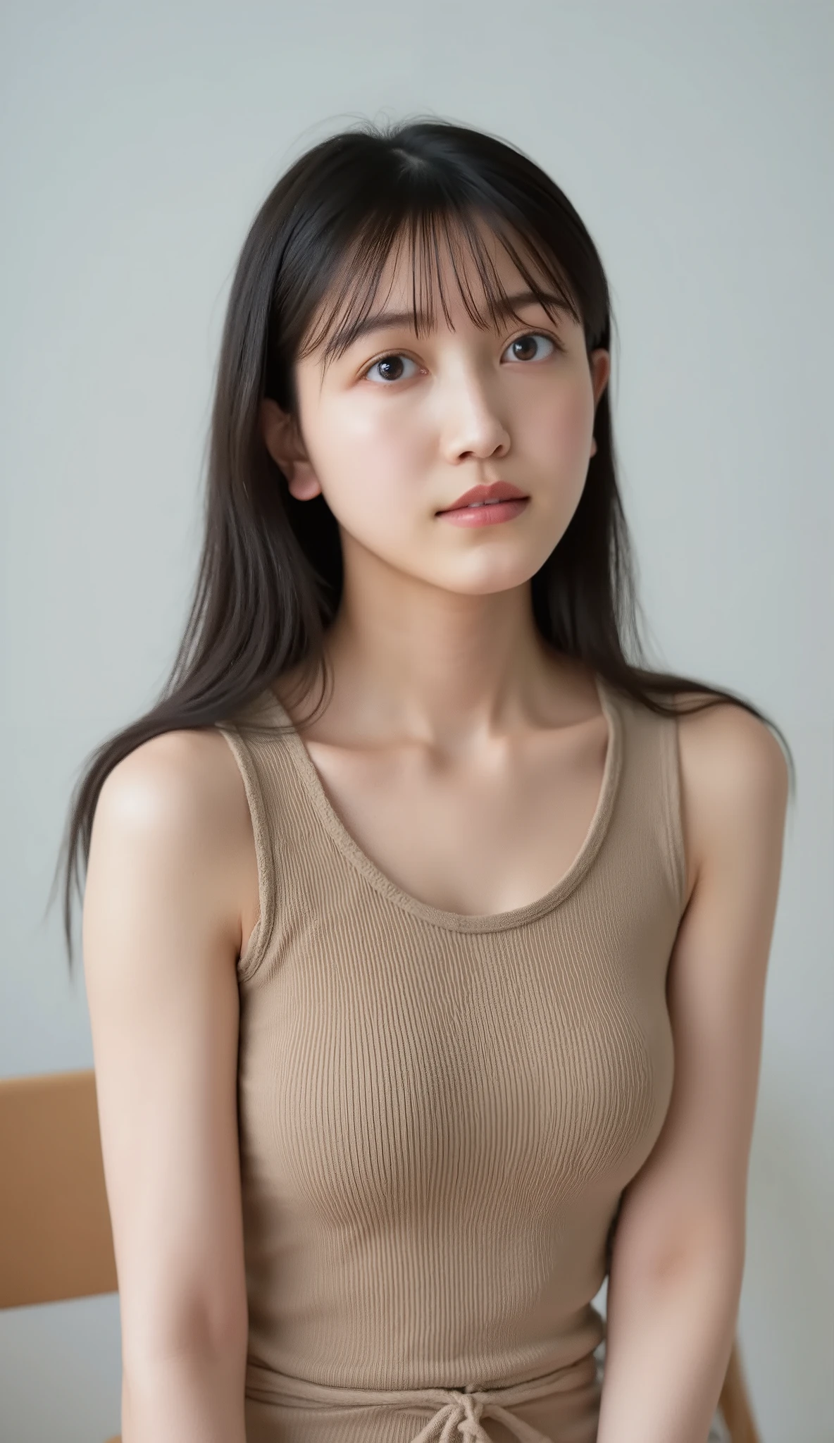 best quality, 8k, masterpiece, Ultra High Resolution, (photorealistic: 1.4), RAW photo, ( brown hair 、Bright and long hair ), (wearing tank top), (Tied at the waist:1.3), slim abs: 1.1, (((Standing leaning forward in the classroom、open your legs ))), ((big natural breast , huge breast , Big natural breasts)),solo, ((full body:1.4)), (kuboshi)