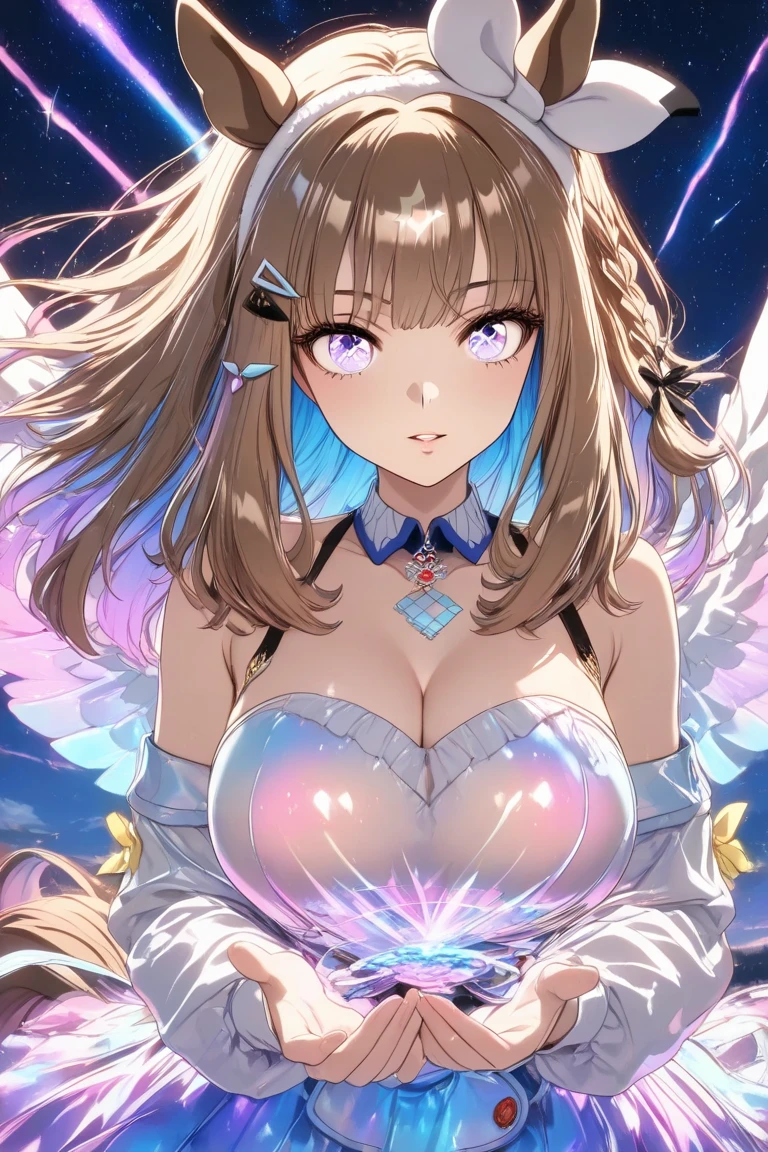 (Highest quality, 8k, 32K, masterpiece, Ultra-high resolution,:1.2),to be born, One Girl,So cute , hair ornaments, eye,Multicolored Hair,Upper Body,Brown Hair,dress, collar, A fantasy background reminiscent of an electronic world, clear, 輝くeye, Age 25 ,Fair skin, Dark green hair girl, Fantasy Clothing, Long Hair, An innocent smile, Large Breasts, Magical Girl, Uses magic, Fighting