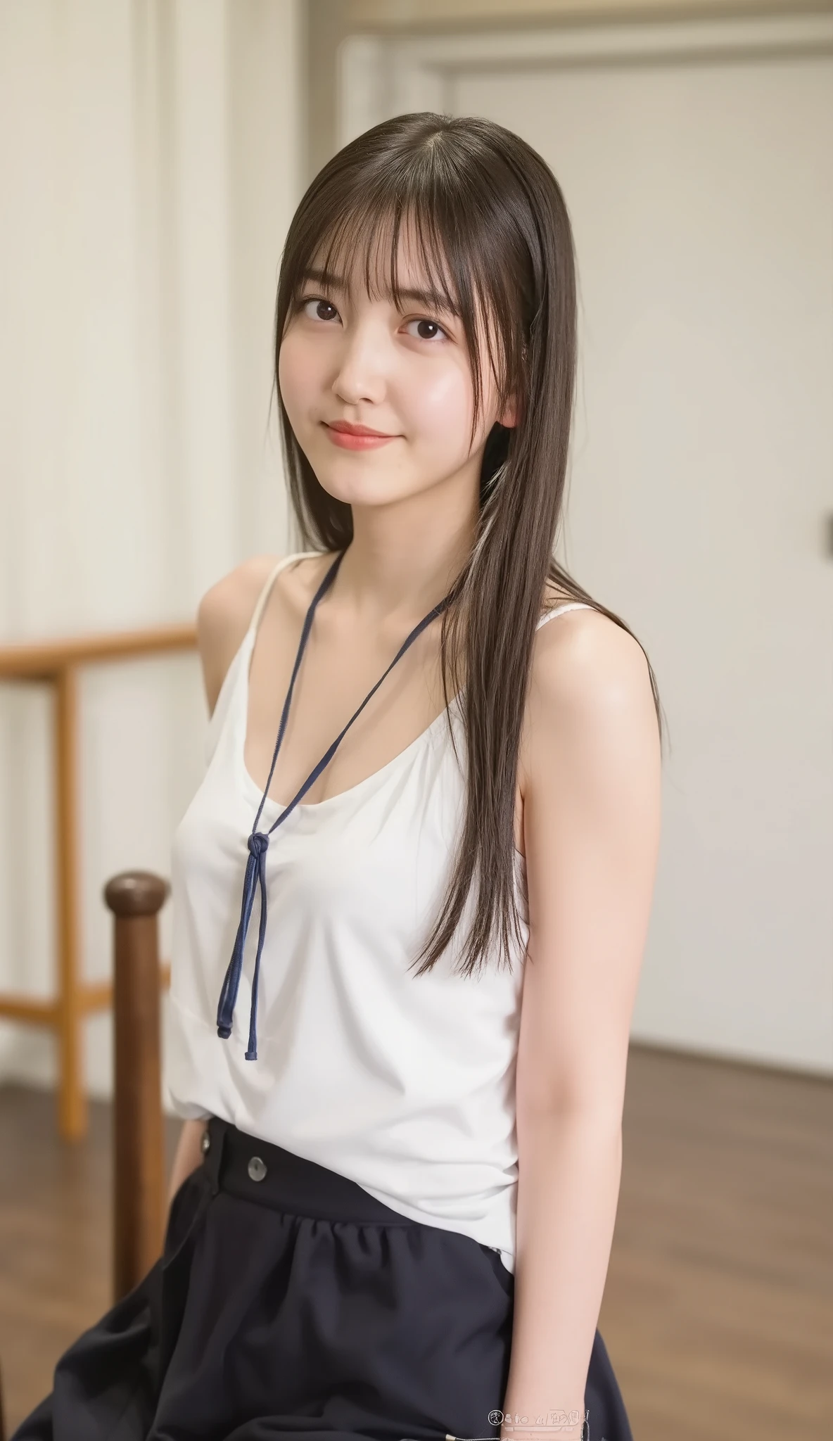 best quality, 8k, masterpiece, Ultra High Resolution, (photorealistic: 1.4), RAW photo, ( brown hair 、Bright and long hair ), (wearing tank top), (Tied at the waist:1.3), slim abs: 1.1, (((Standing leaning forward in the classroom、open your legs ))),((((breasts)))), large breast , big breasts , huge breast , Big breasts,solo, ((full body:1.4))