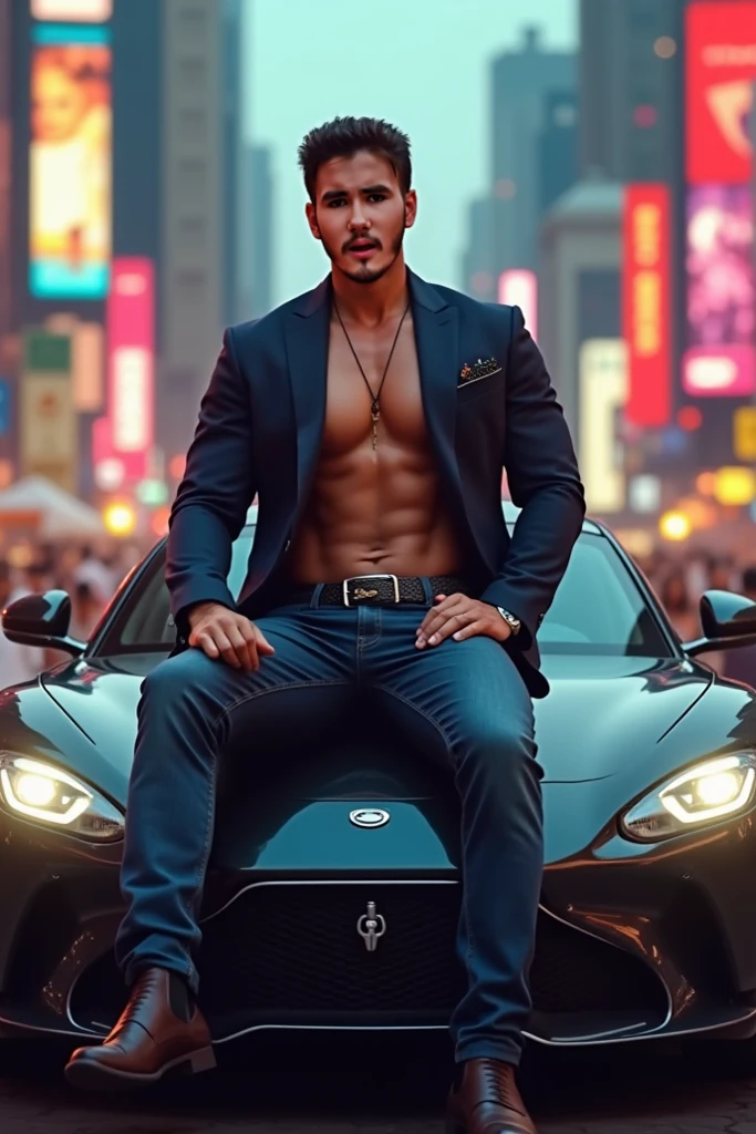 Violet eyes, monolid eyes, Short hair, Black hair, Fringe curly haircut, a young boy, gentle eyes, normal face, handsome boy, bright color, and he is a royal prince. Perfect body proportion, Leaning against a car and wearing (Thong) with necklace and bracelet, with small tattoo on his navel down and leg, street background, muscular and slim, abs, sexy and fully nude, sexy, wearing open vest and shoes, side view, open sunlight, sunglasses, ((handsome face)) muscular, open legs