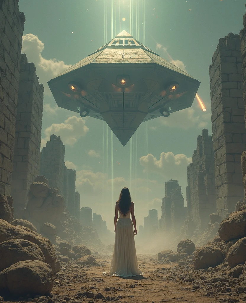 Hair floating in midair, back view, Look at the sun, There is a starship in the sky, Three suns, A  with black hair,  girl, Standing in the steppe, landscape, universe, 8k, super detail