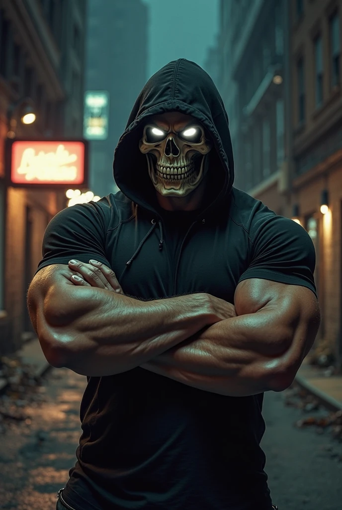 ghostface, man, gloves, black gloves, hood, mask,hood up, muscular, barechest, looking at viewer, arms raised, flexing muscles, inside gym, weight rack, bright lighting, high quality, masterpiece, <lora:ghostface:.6>