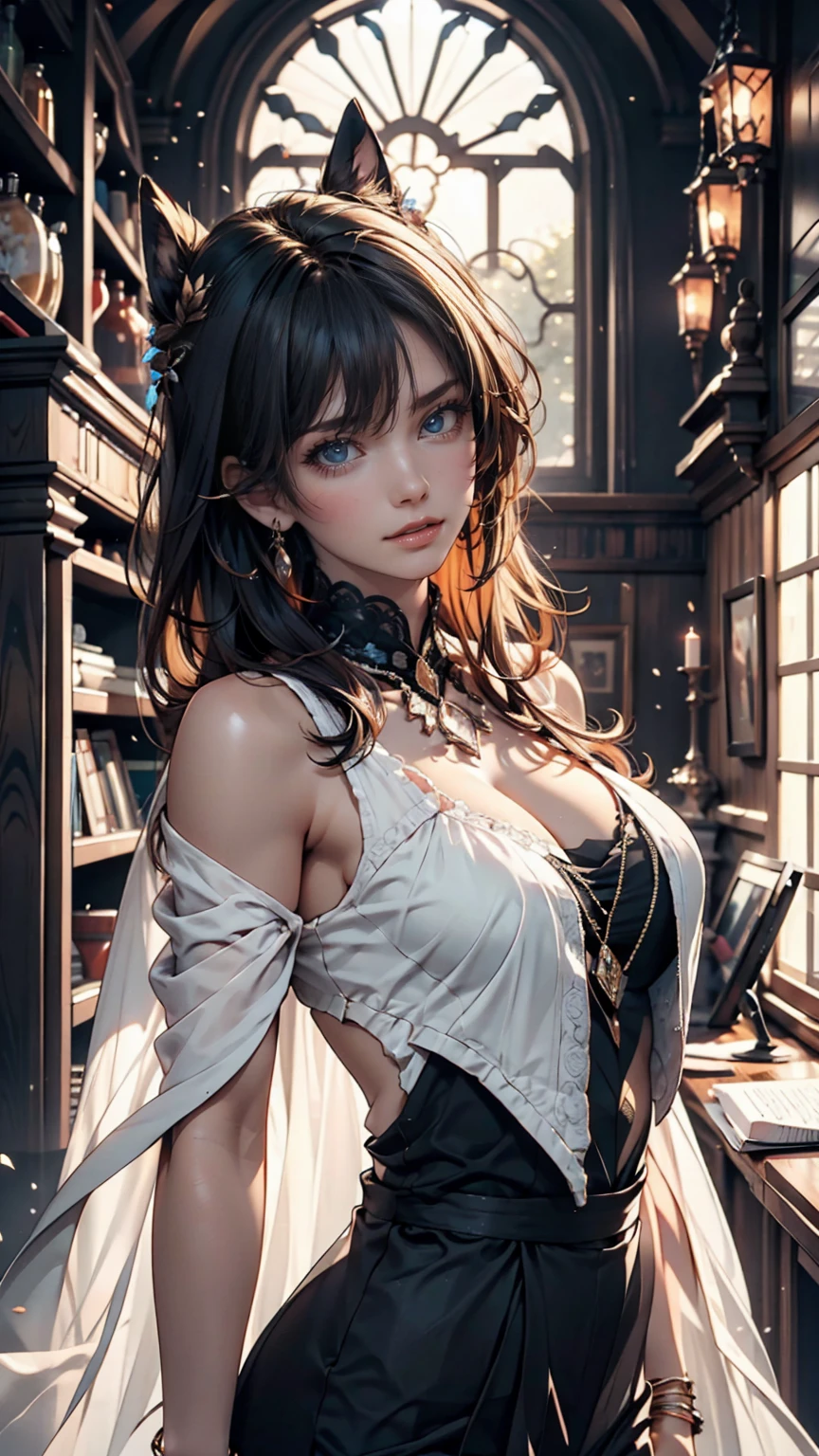 masterpiece, Highest quality, Movie stills, One Girl, Floating in the sky, Cloud Girl, cloud, (close: 1.1), bright, Happy, fun, Soft lighting, (Bauhaus, shape, line, Abstract: 1.1), Panda Ears、Sexy proportions、Sexy、adult、Narrow waist、Choker with lace embellishment、Accessories on your wrist