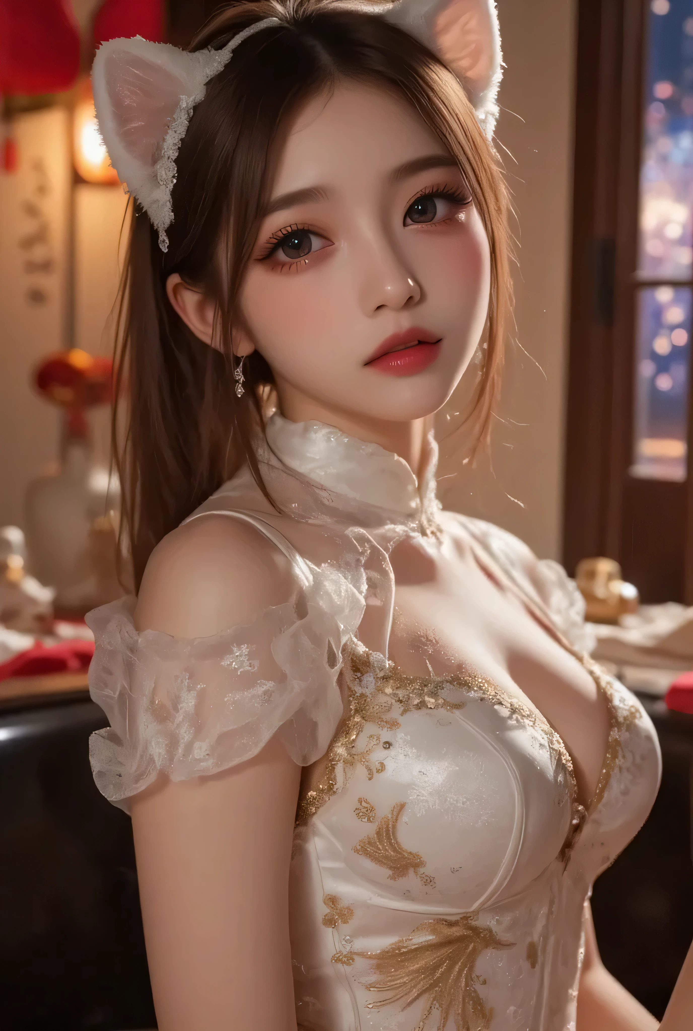 There is a woman wearing a Chinese dress, 27 years old, 28 years old, 29-year-old, 32 years old, Delicate makeup, Ye Wen, 23 years old, Round face, Cute Liane, Gold Tiara, Pearl Necklace, Jade hairpin