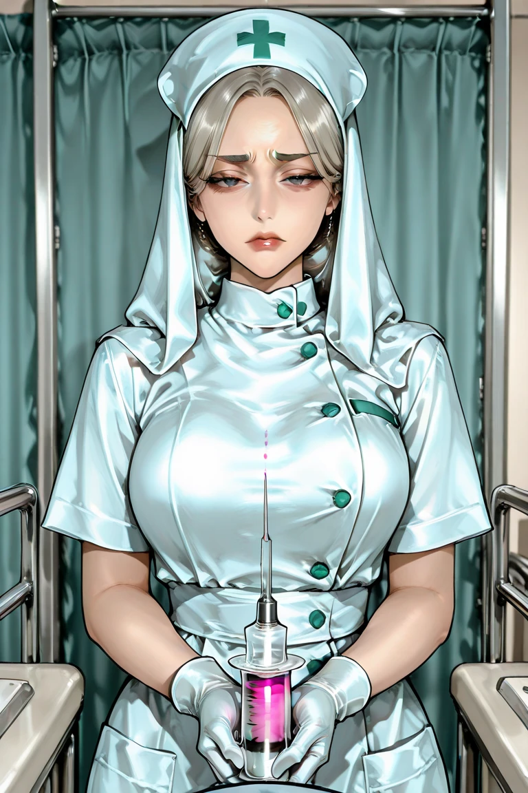 (best quality,4k,8k,highres,masterpiece:1.2),ultra-detailed,(realistic,photorealistic,photo-realistic:1.37),nurse costume,beautiful detailed eyes,beautiful detailed lips,extremely detailed eyes and face,longeyelashes,friendly smile,thick body,sit on chair,hold syringe,soft lighting,traditional oil painting style,vivid colors,soft pastel color palette