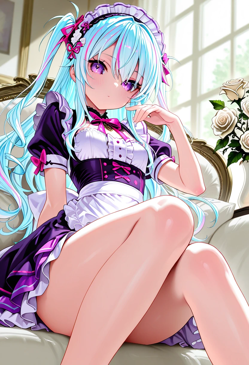 Himari Meimei, masterpiece, Voluptuous thighs, petit body, little young girl, flat chest, {1 Girl}, Cute and erotic smile, Highly detailed sparkling purple eyes, In summer beach, nudist beach, 困り眉, open legs, legs up, silver grey hair, lying on beach bed