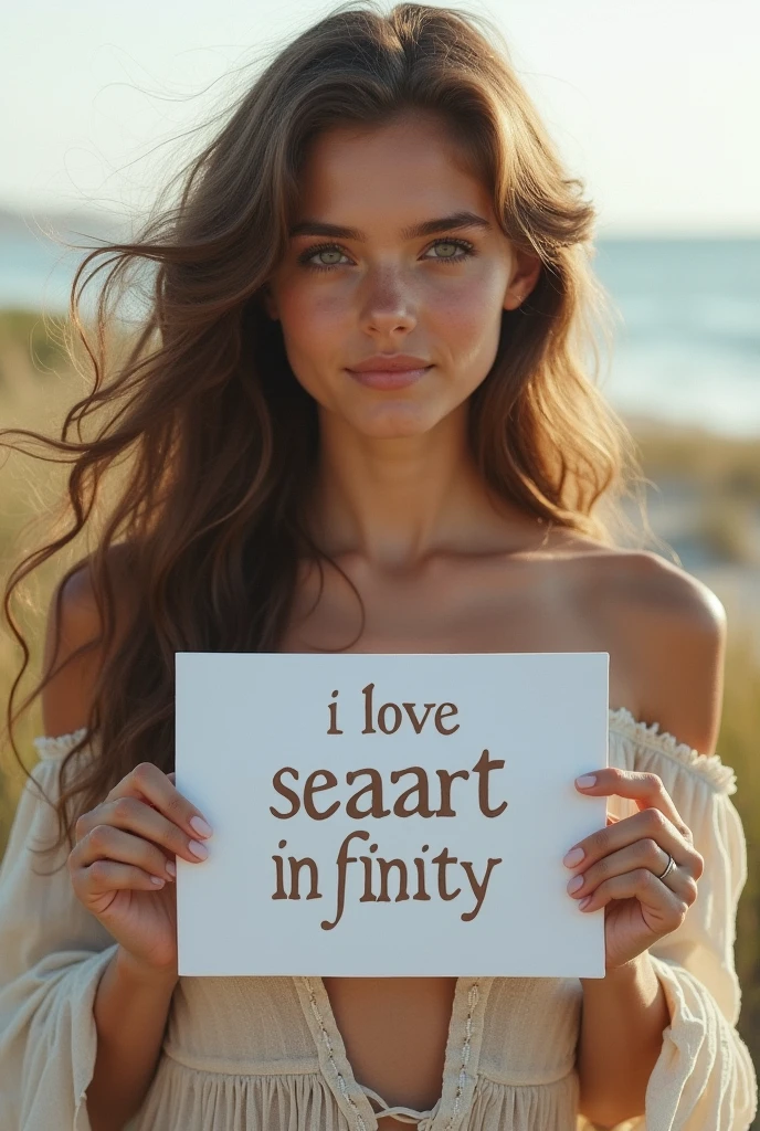 Beautiful girl with wavy long hair, bohemian dress, holding a white board with text "I Love Seaart Infinity" and showing it to the viewer